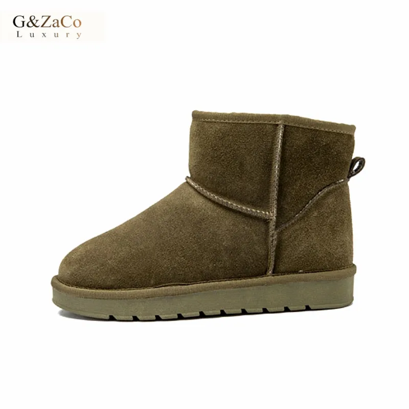

G&Zaco 2018 Winter Low Snow Boots Genuine Leather Fashion Couple Boots Cow Suede Ankle Boots Warm Flat Men's Women's Shoes