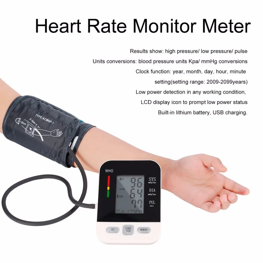 

Health Care LCD Digital Upper Arm Electronic Blood Pressure Monitor USB Rechargeable Sphygmomanometer Heart Rate Monitor Meter