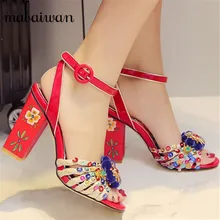 Summer Vintage Red Print Women Gladiator Sandals Women Pumps Handmade Flowers High Heels Real Leather Wedding Shoes Woman