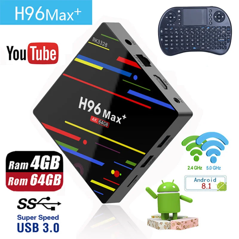 

New H96 MAX Plus TV Box Android 8.1 4G 64GB Set Top Box RK3328 Quad core 2.4G+5G Wifi 4K H.265 Media Player tv box