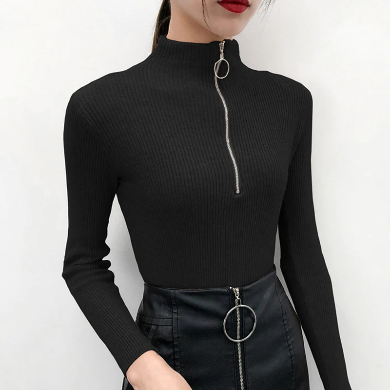 2018 Winter Tops For Women Sweaters And Pullovers Zipper White Knitted Sweater Winter Clothes Long Sleeve Slim Woman Sweaters 