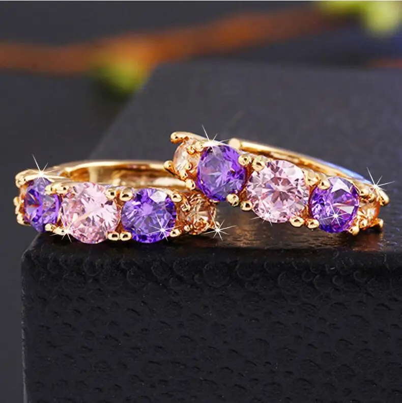 LZX брендовая милая фиолетовый кристалл обруч серьги для Для женщин и девочек золото Цвет кубического циркония камень модная Свадебная вечеринка ювелирные изделия