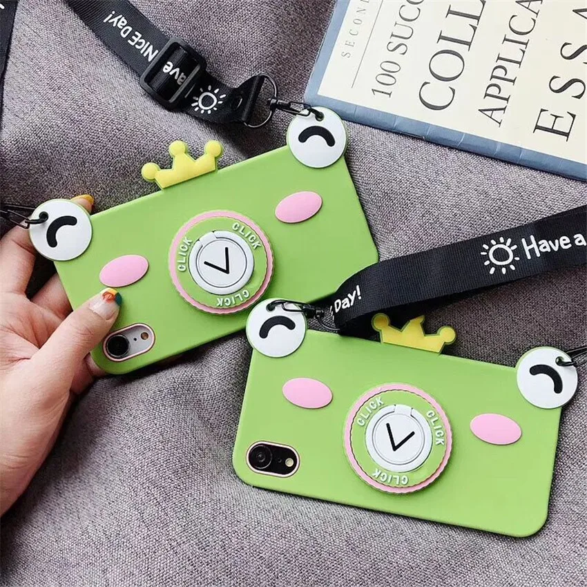 

Cute Cartoon frog Phone Case For iPhone XS Max XR X 7 8 Plus 3D Cartoon Soft Silicone With support frame lanyard Phone Shell