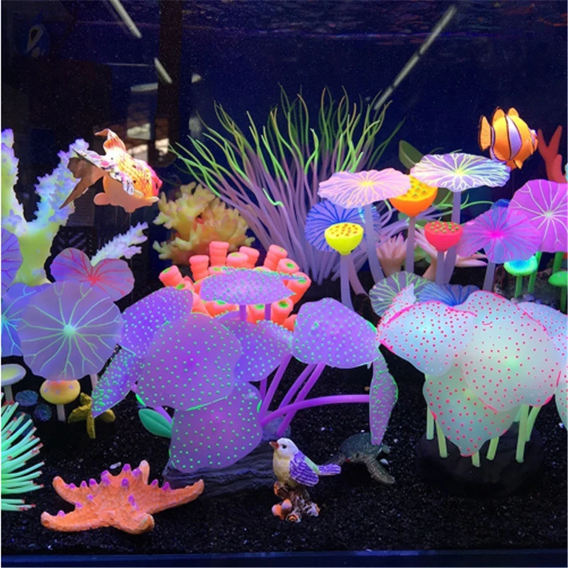 1 шт. аксессуары для аквариумов Искусственный коралловый риф светящийся лист лотоса гриб светящиеся камни украшение аквариума с присоской