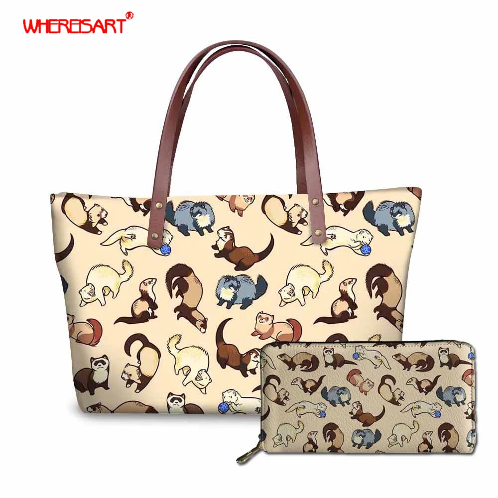 

WHEREISART Cute Cheeky Ferrets Printing Women Handbags With Purses Lady Shoulder Bag for Female Designer Leather Beach Tote 2019