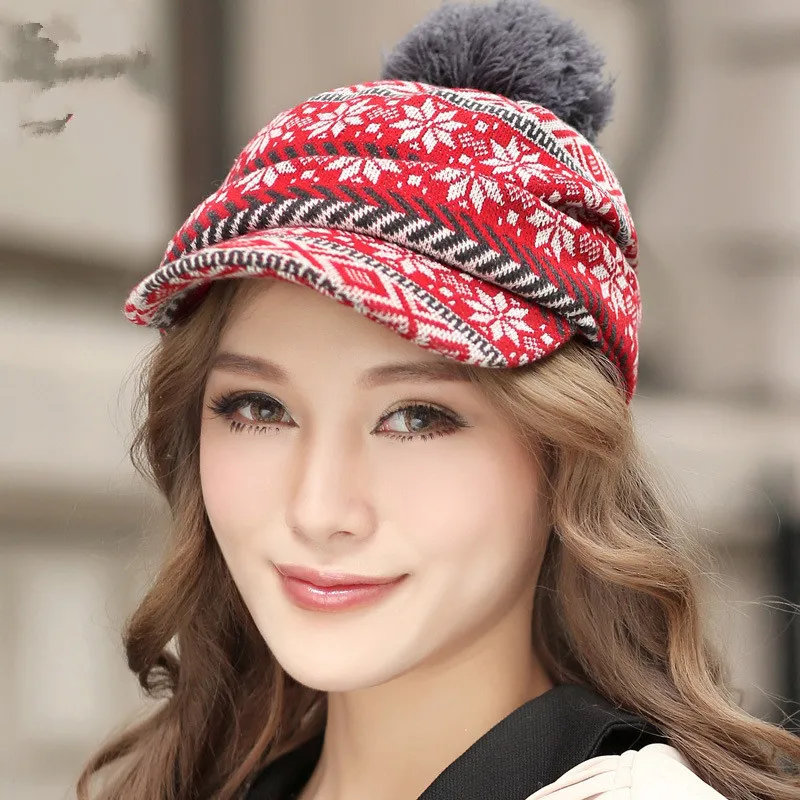2015 WOMEN WINTER SNOW DEER Angora wool WOOLEN BASEBALL CAP WITH POMin