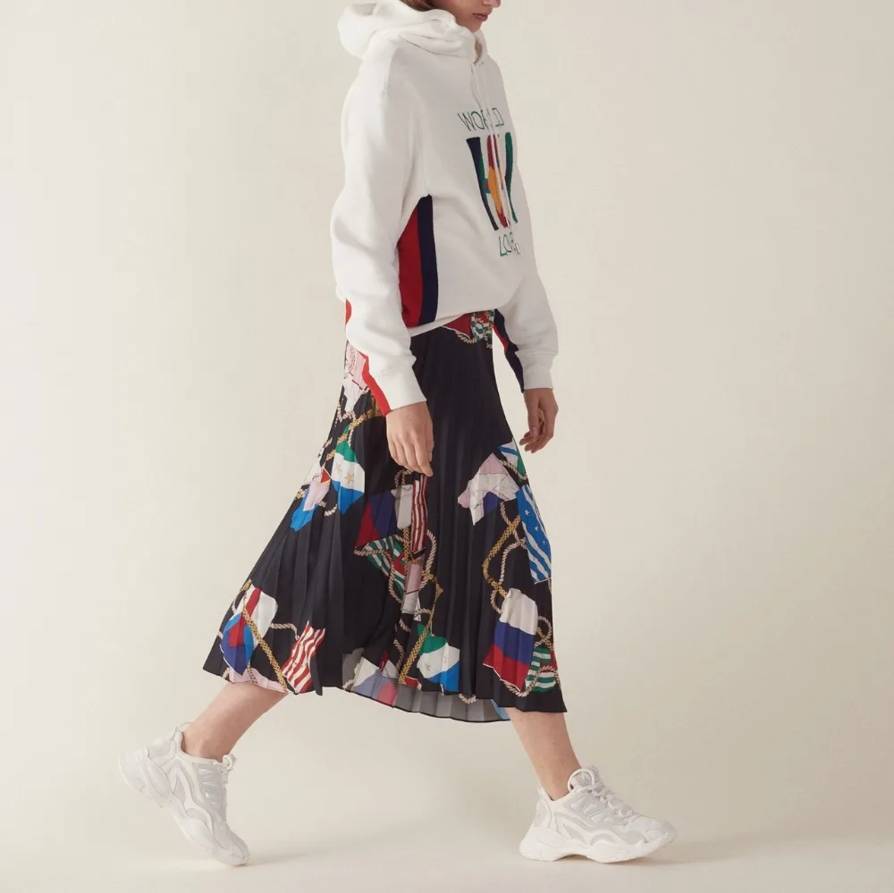 

2019 Spring new fashion vintage style retro print women long pleated skirts