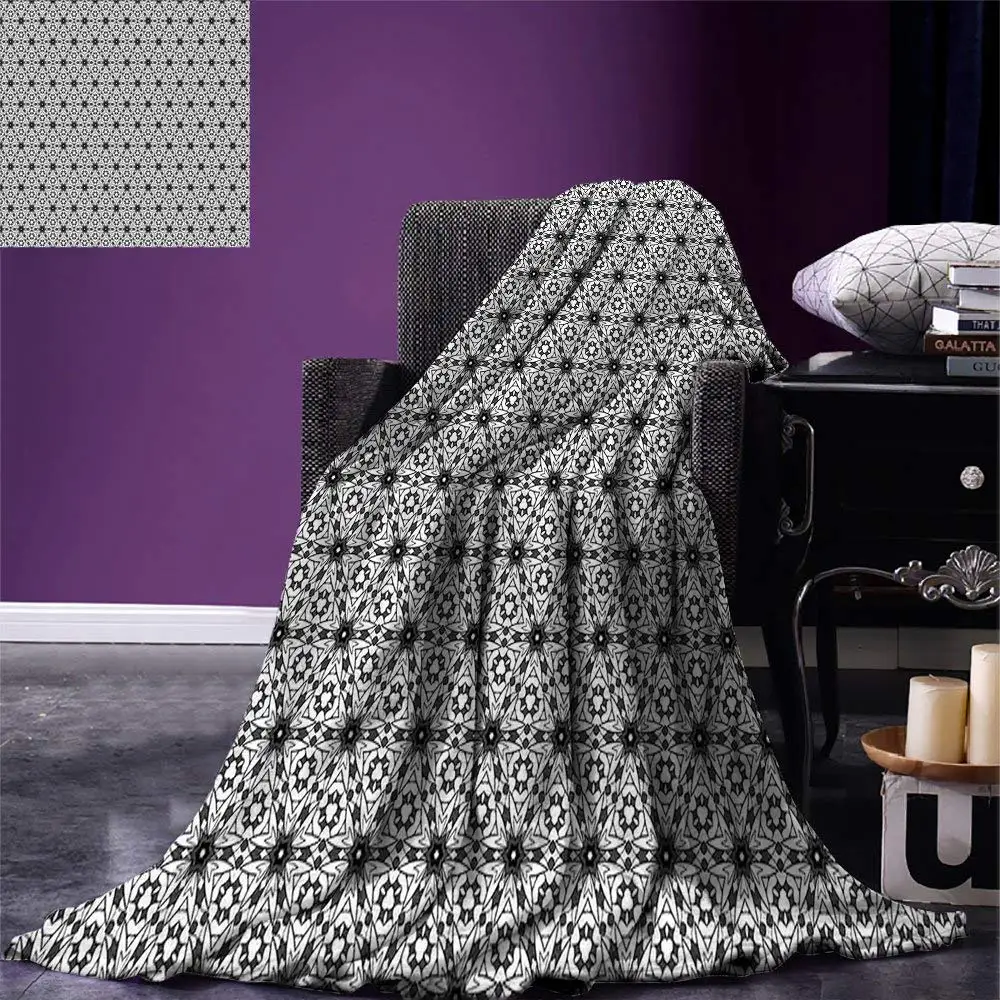 Grey and White Throw Blanket Boho Style Kaleidoscopic Flower Motifs