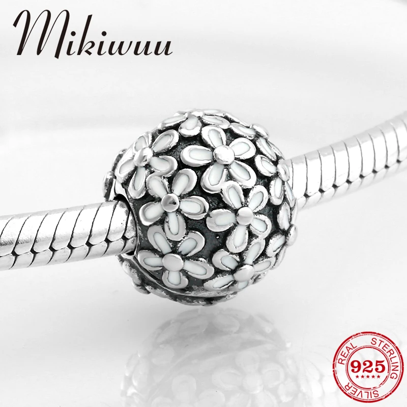 

100% 925 Sterling Silver fashion white Enamel flower clips Lock round beads Fit Original Pandora Charm Bracelet Jewelry making