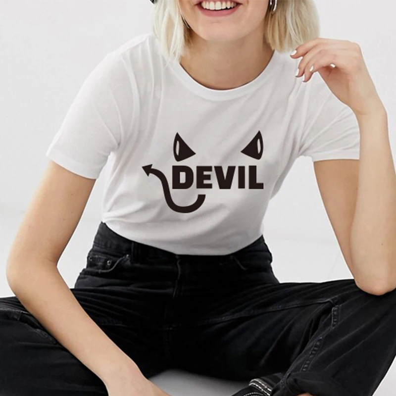 

Summer Women T Shirts Devil Funny Printed Tee Casual Harajuku Woman's Slim Fit Soft O-Neck Tops Vogue Aesthetic Solid Clothes