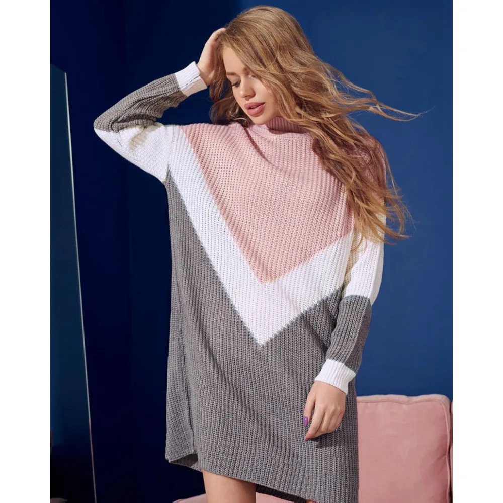 

Women Winter Sweater Geometric Pattern Sweaters Patchwork Block Style Casual Jumpers Warm Fashion Office Long Sleeve O-neck
