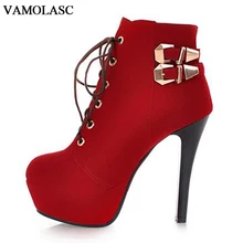 VAMOLASC New Women Autumn Winter Warm Faux Suede Ankle Boots Lace Up Thin High Heel Boots Platform Women Shoes Plus Size 34-43