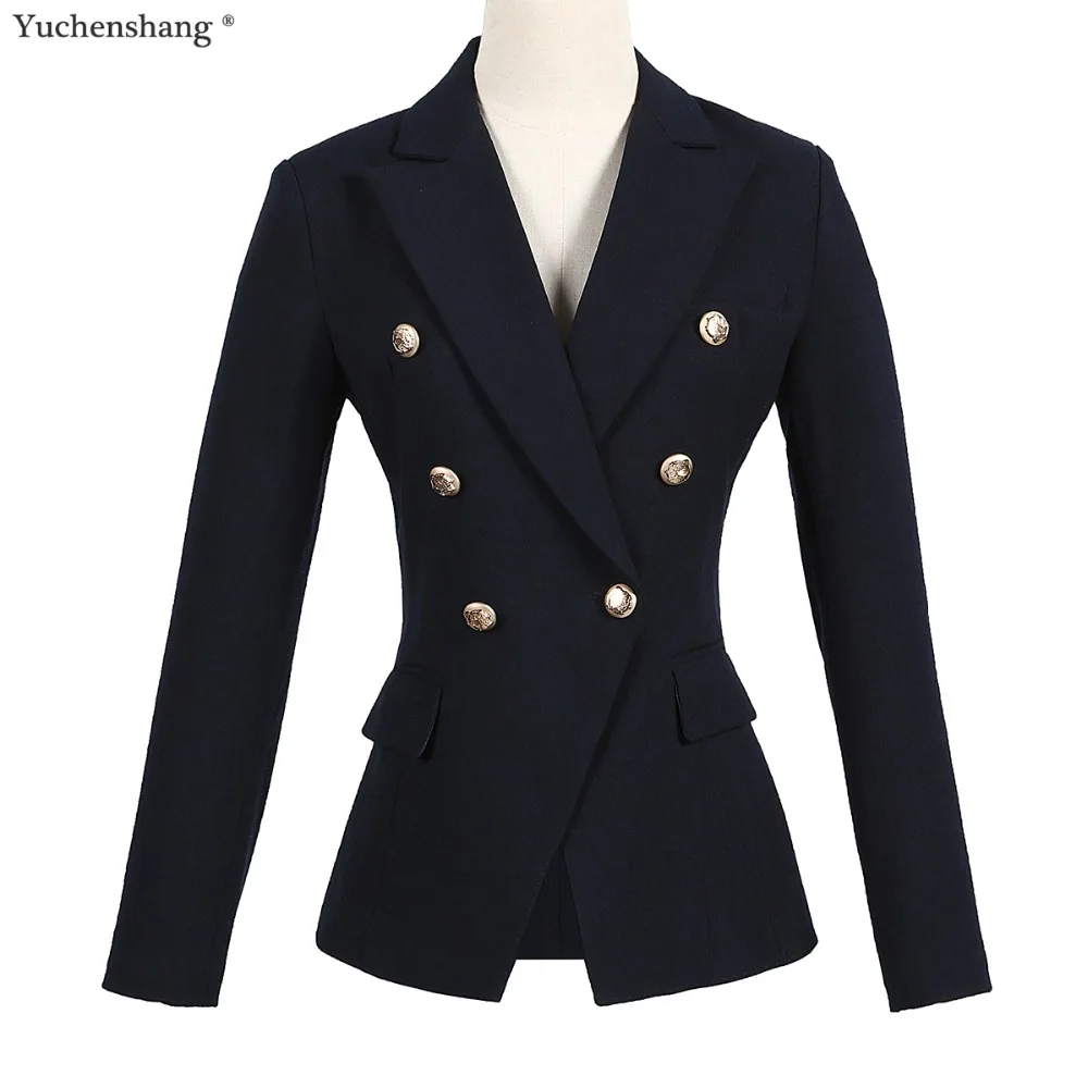 Высокое качество женский рабочий Блейзер Куртка с пуговицами офисный женский Рабочий стиль пальто Женский блейзер черный синий