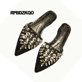 

Slippers Sandals Rhinestone Gold Crystal Glitter Black Women Ladies Beautiful Flats Shoes Mules Sequin Large Size Pointed Toe