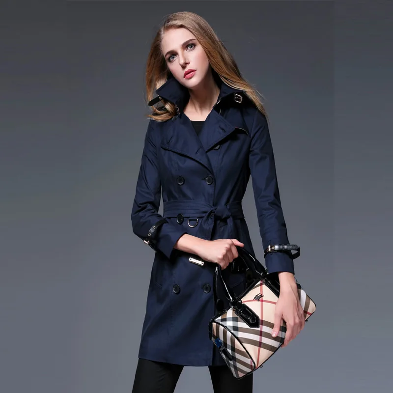 Women's New Coats Spring Autumn Navy blue Middle Trench Coat Slim Fit