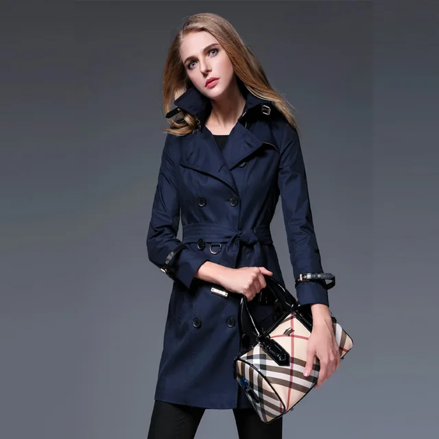 Women's New Coats Spring Autumn Navy blue Middle Trench Coat Slim Fit