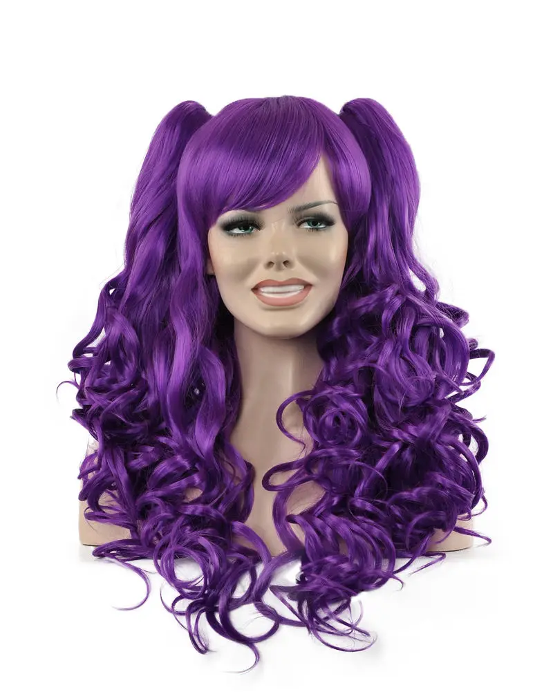 

FREE SHIPPING Hot Sell!!! Sexy Two Removable Ponytails Lady Long Purple  Curly Cosplay Party Full Wigs