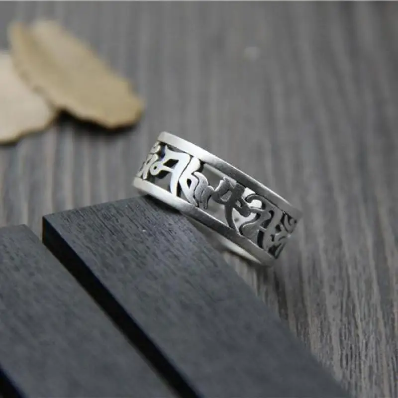 Винтажные кольца из стерлингового серебра 999 пробы для женщин и мужчин, шесть слов, полый дизайн, мантра, буддистские ювелирные изделия
