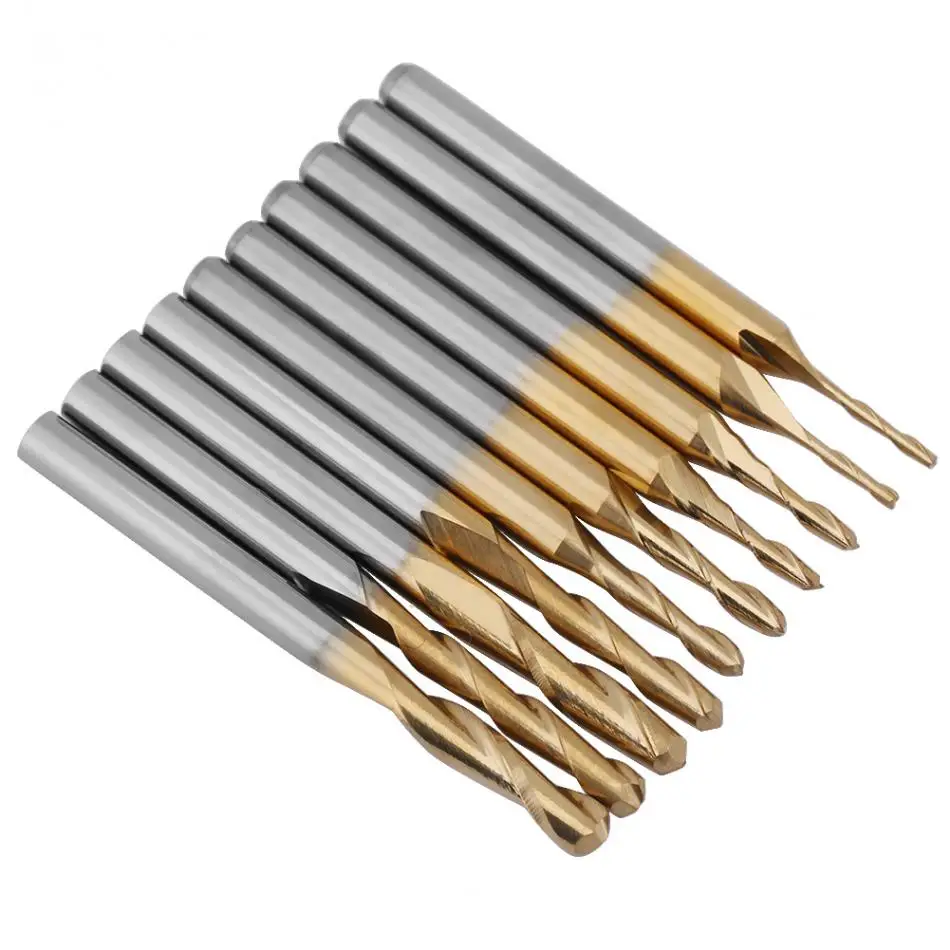 10pcs Titanium Coated Ball Nose Milling Cutter Drill Bits 3.175mm Shank 1*4/1.5*6/2*8/2.5*12/3.