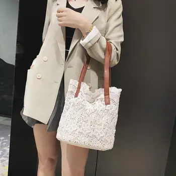 

2Pcs/Set Large Capacity Fashion Handbag Women Hollow Lace ToteDrawstring Bag