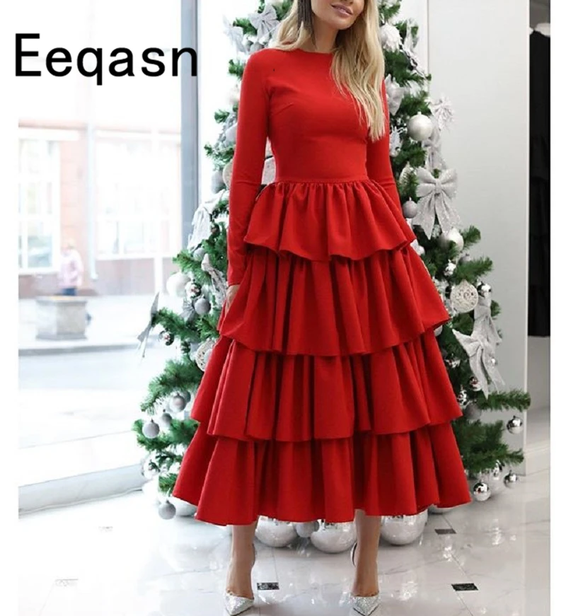 2020 New Tea Length Prom Dresses Long Sleeves A-line Black Soft Satin Tiered Party Dress Real Image Vestido Robe De Soiree