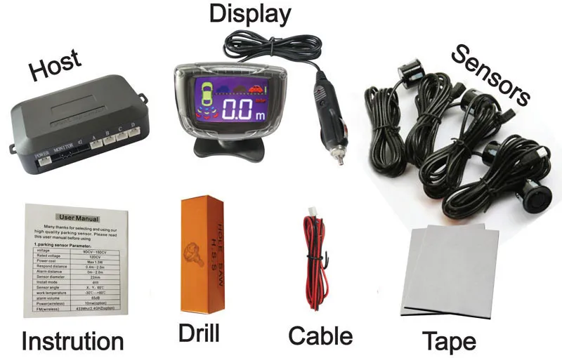 Беспроводной датчик парковки, 4 Датчики ЖК-дисплей Парктроник, Парковка Обратный радар