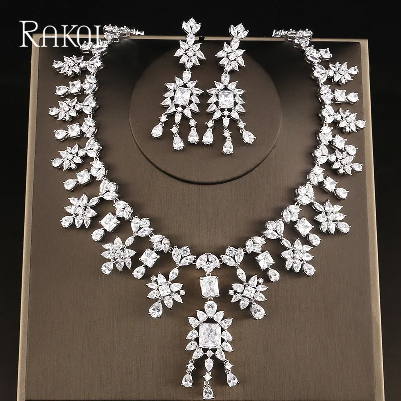 

RAKOL Full Paved Luxury CZ Zircon Flower Pendants Cluster Bridal Wedding Necklace Earrings Jewelry Sets For Women Dinner Dress