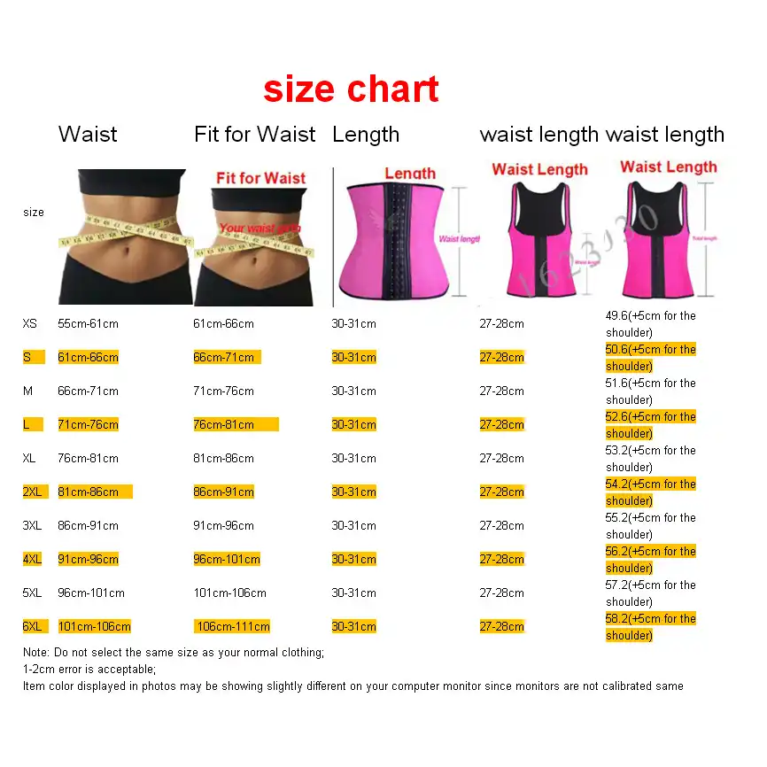 Waist Training Corset Size Chart