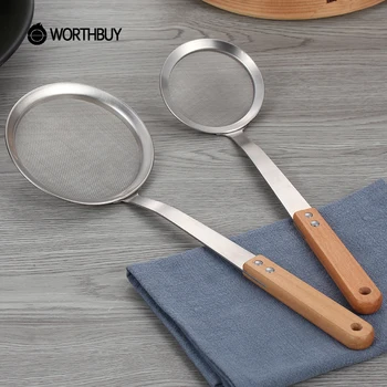 

WORTHBUY 30/60 Mesh Kitchen Colander 304 Stainless Steel Flour Sieve With Wooden Handle Residue Strainer Oil Filter Spoon
