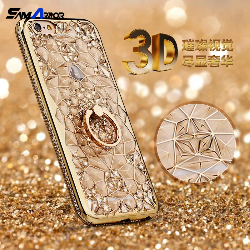 

for iPhone Xs Max XR Case Luxury 3D Soft Ring Case for iPhone X 5 5S SE 6 S 7 8 Plus Ring Silicon Glitter Rhinestone Stand Cover