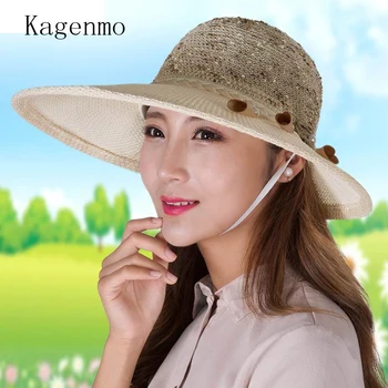 

Kagenmo autumn big brim female sun hat Weaving Mesh breathable women beach hats sunscreen outdoor leisure lady cap
