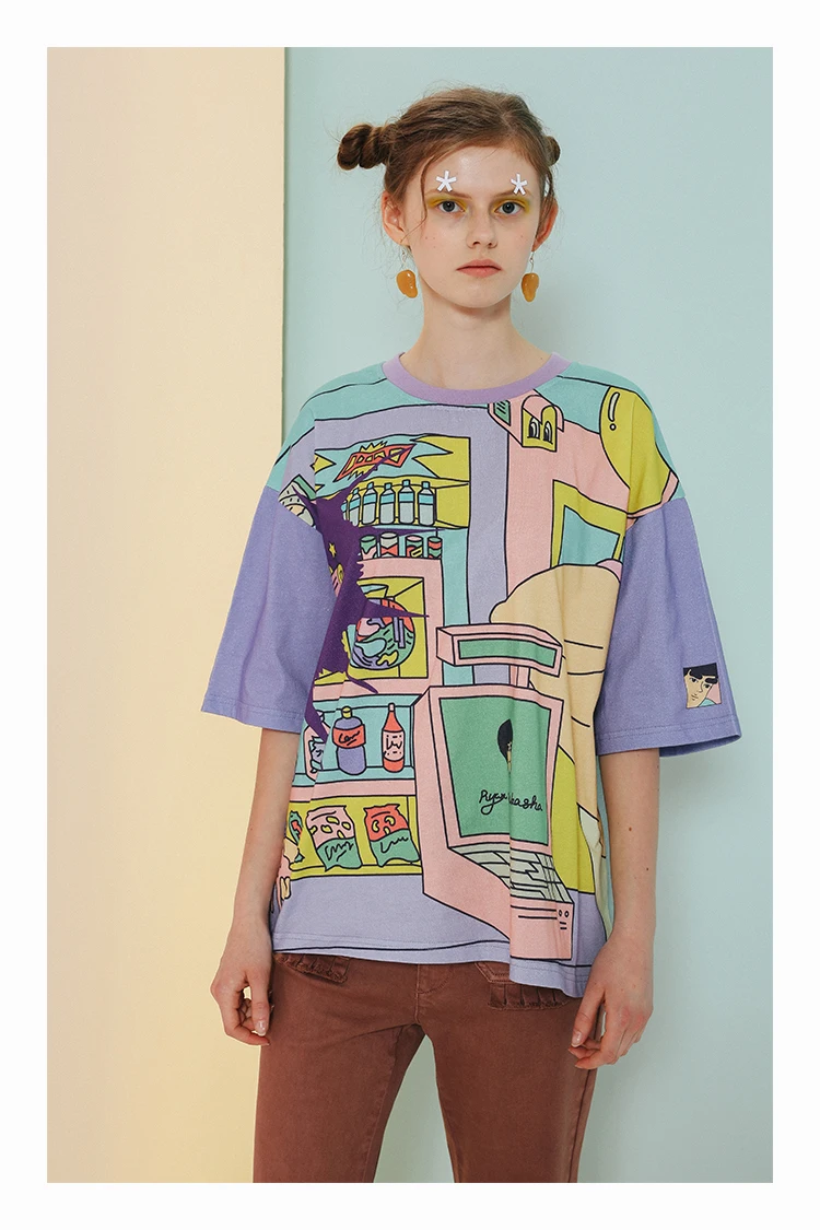 Harajuku оригинальная Женская свободная футболка с граффити, топы с круглым вырезом и коротким рукавом, женские футболки смешанных цветов, летняя новая футболка