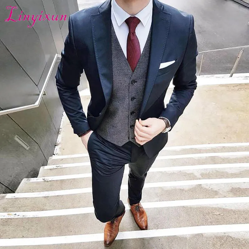 Linyixun темно-синий мужской костюм для бизнеса атласный на заказ slim fit Свадебный мужской классический пиджак мужской блейзер повседневные смокинги 3 p