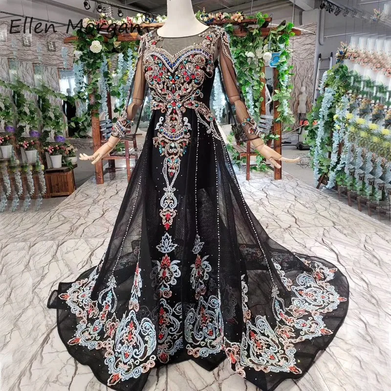 

Saudi Arabic Long Sleeves Mermaid Evening Dresse Elegant 2019 Luxury Crystal Beads Black Tulle Event Prom Dress For Woman