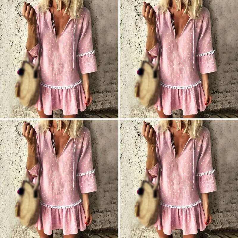 

Vacation Dress Summer Women Casual Loose V-neck Long Sleeve Sunscreen Polka Dots Ruffle Ruched Smock Dress