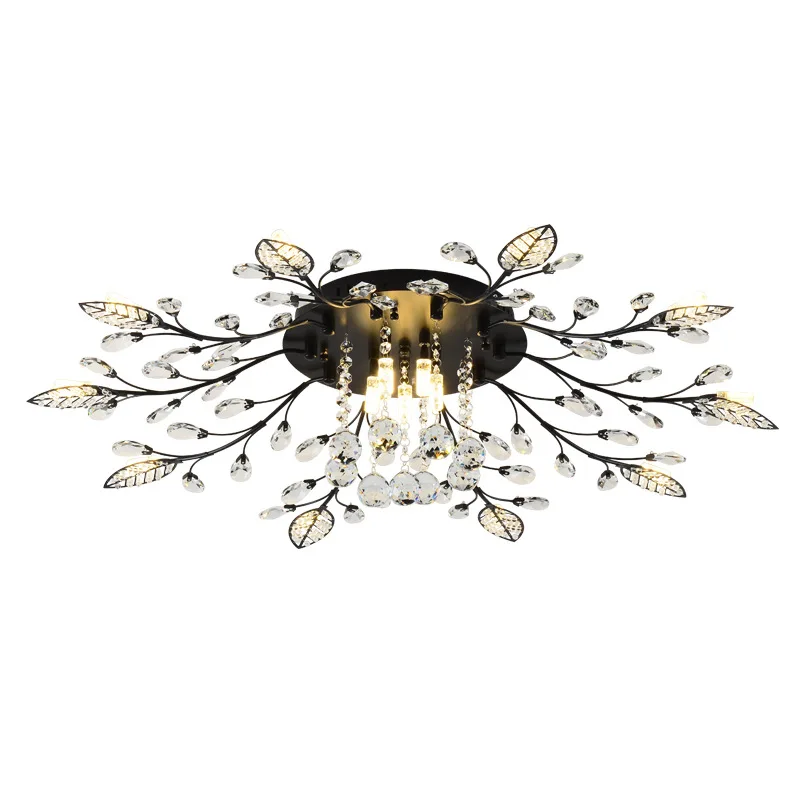 

Modern LED Ceiling Lights Novelty Lighting Fixture for Living Room Black Leaf Iron Crystal Home Decoration Luxury Interior Lamps