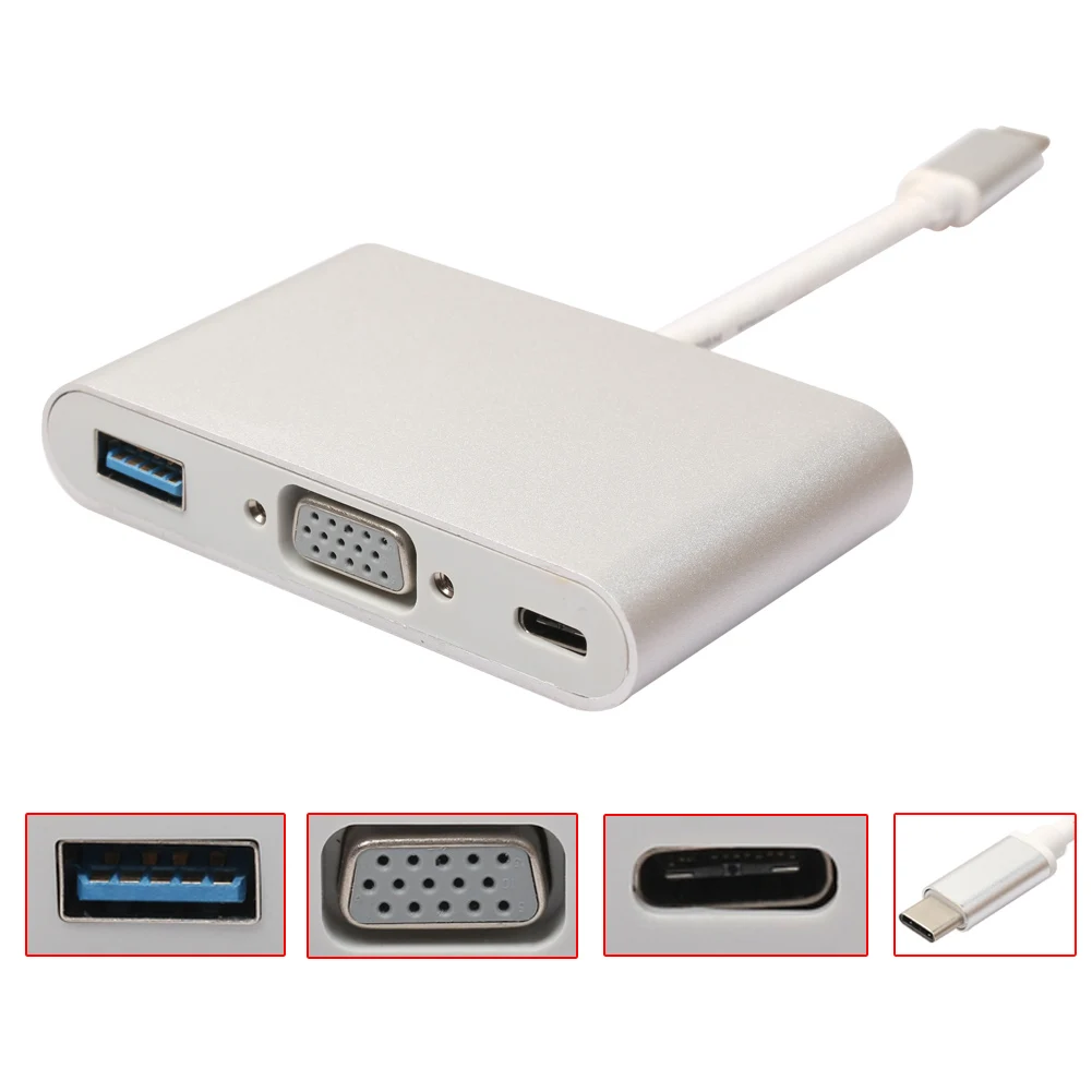 

3 in 1 Gold plated Type C 3.1 to USB3.0/ VGA/ Type C Female Charger Adapter for Macbook for Google Chromebook Pixel