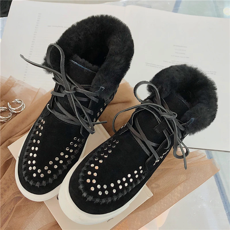 Invierno Para Plataforma Flufft gris Cuero Genuino Oveja Nieve Lana marrón Stylesowner Botas Zapatos Negro Mujeres De Cálida Gamuza Remaches q8FZYF
