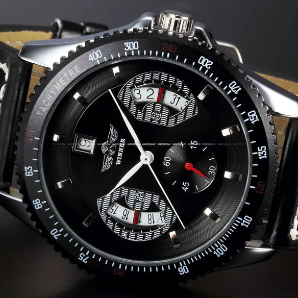 Winner 2 цвета спортивный стиль кожаный ремешок автоматические часы Дата дисплей мужские часы лучший бренд класса люкс Montre Homme Relogio Мужской - Цвет: Black