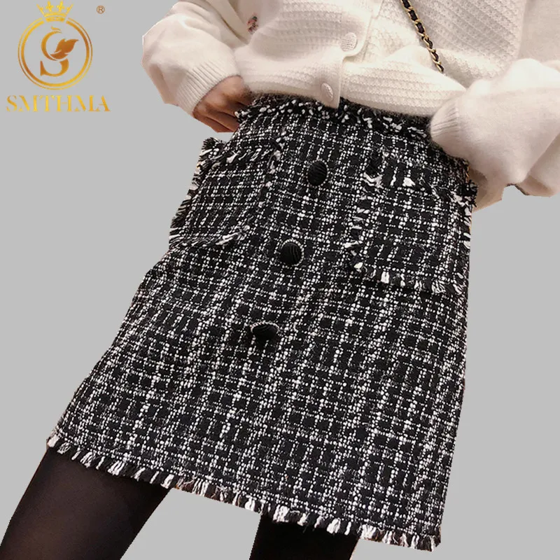 

SMTHMA High Quality New Fashion 2019 Runway Designer Skirt Women's Single-breasted Tweed Wool Tassel Mini Skirt