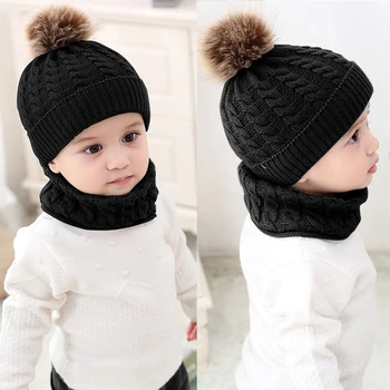 

Lovely Baby Winter Warm Crochet Beanie Hat Scarf Set Toddler Kids Plush Ball Cap Scarf Sets Fashion For Children New Year Gift