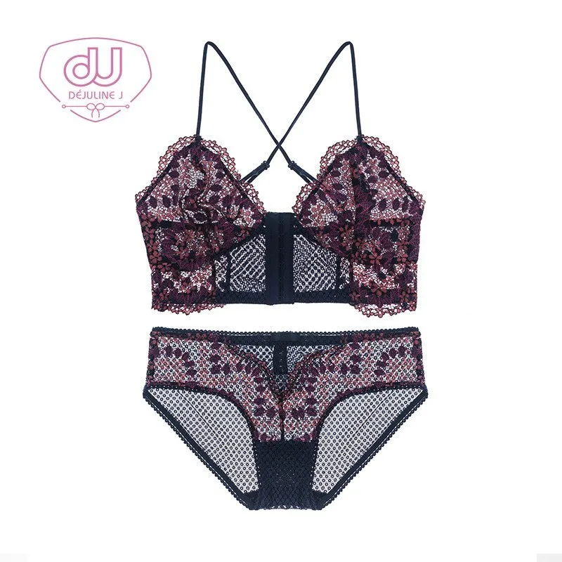 

French Ultrathin Cup Six Row Front Hasp Type Bras Suit Sexy Lace Four Color Lace Nothing Steel Ring Underwear A Piece Of