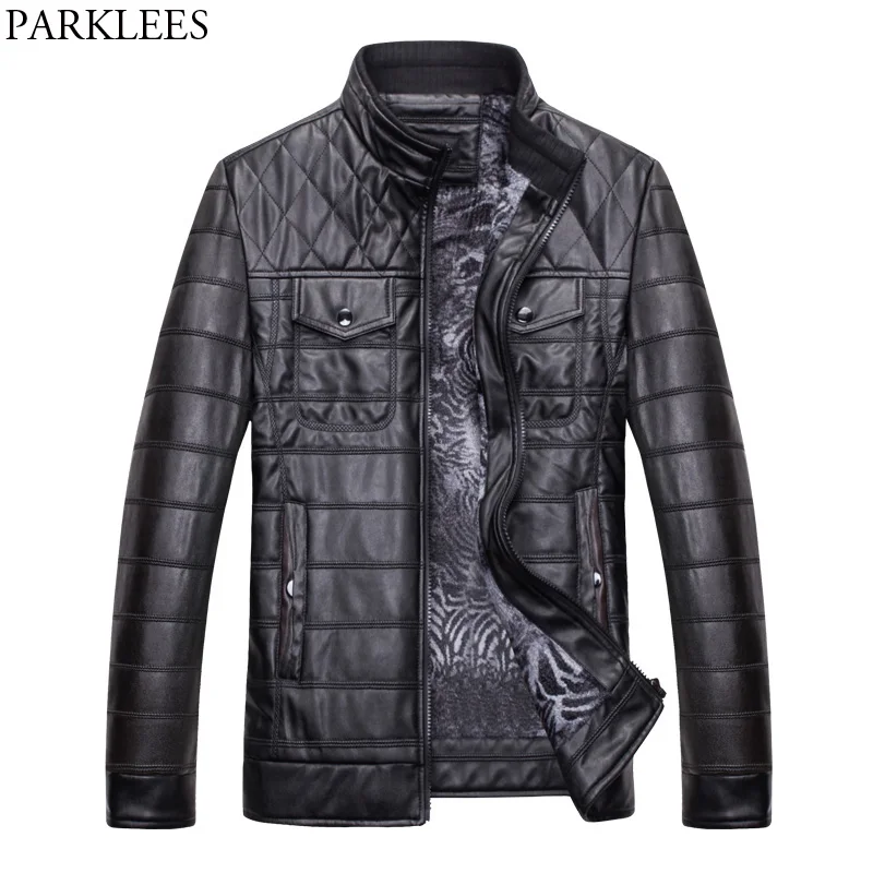

Motorcycle PU Leather Jacket Men 2017 Winter Thicker Quilted Jacket Pocket Casual Leather Mens Jackets Slim Fit Zipper Jaqueta