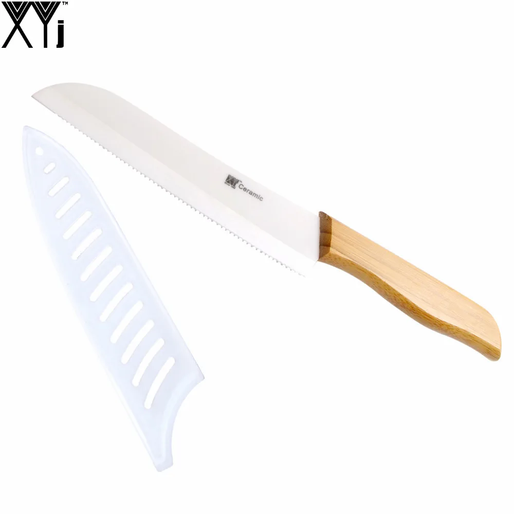 Bamboo Handle Serrated Bread Ceramic Knife For Cutting Bread Fruit