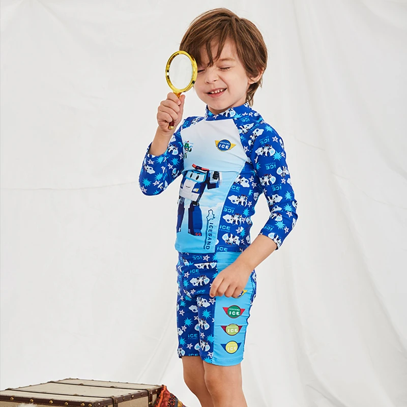 

Hot sale kids two-piece swiwmear sports surfing suit robbot cute pattern beachwear baby boys swimsuit professional bathing suit