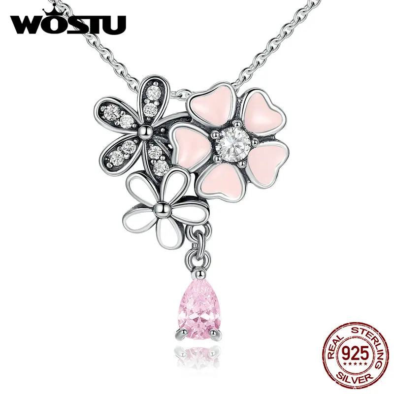 Image 100% Real 925 Sterling Silver  Poetic Daisy Cherry Blossom Pendant Necklaces With Pink CZ For Women Jewelry Girlfriend Gift