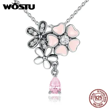 

100% Real 925 Sterling Silver Poetic Daisy Cherry Blossom Pendant Necklaces With Pink CZ For Women Jewelry Girlfriend Gift