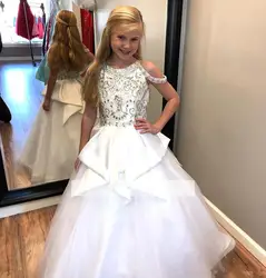 2019 г. белые пышные платья для девочек на свадьбу, бальное платье с открытыми плечами, украшенное бисером и кристаллами, Платья с цветочным