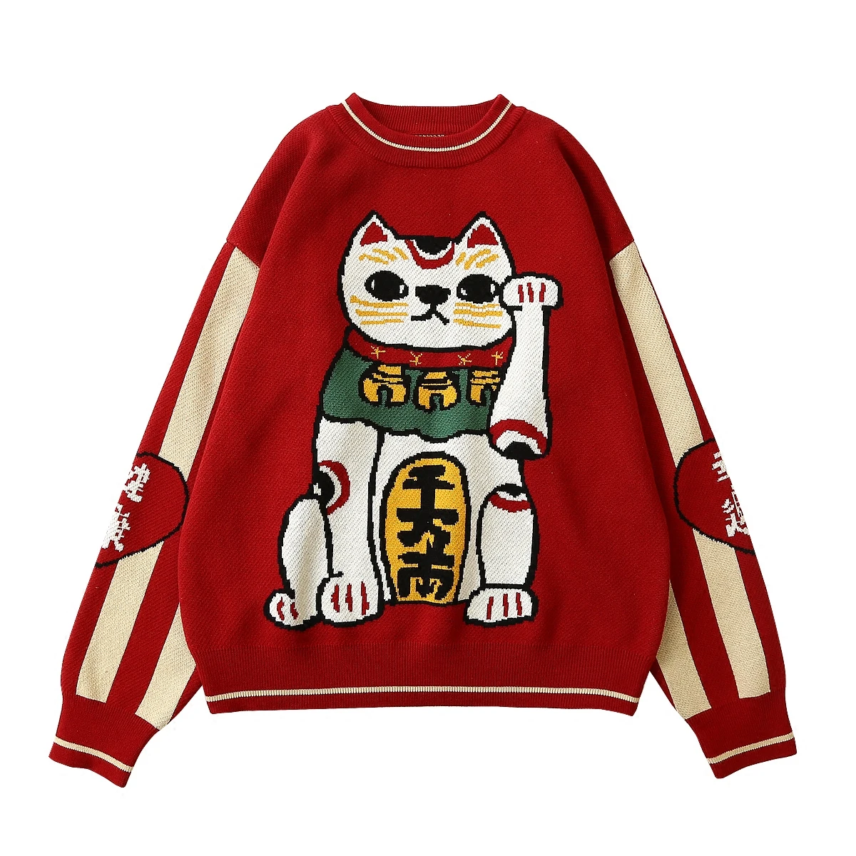 Осень китайский стиль утолщенный красный Lucky Cat женский пуловер Свитера хлопок