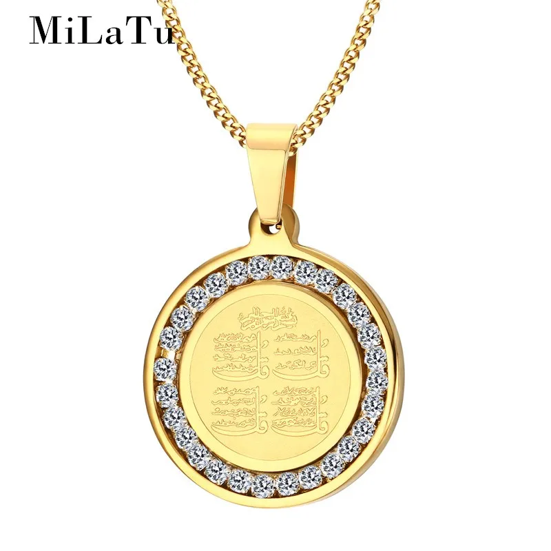 MiLaTu Bling Rhinestone Allah Muslim Arabic Pendant Necklace Stainless